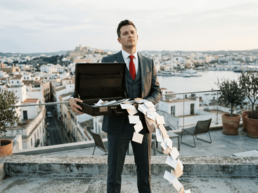 Un homme sur un toit méditerranéen avec une valise débordante - offre d'emploi Marseille
