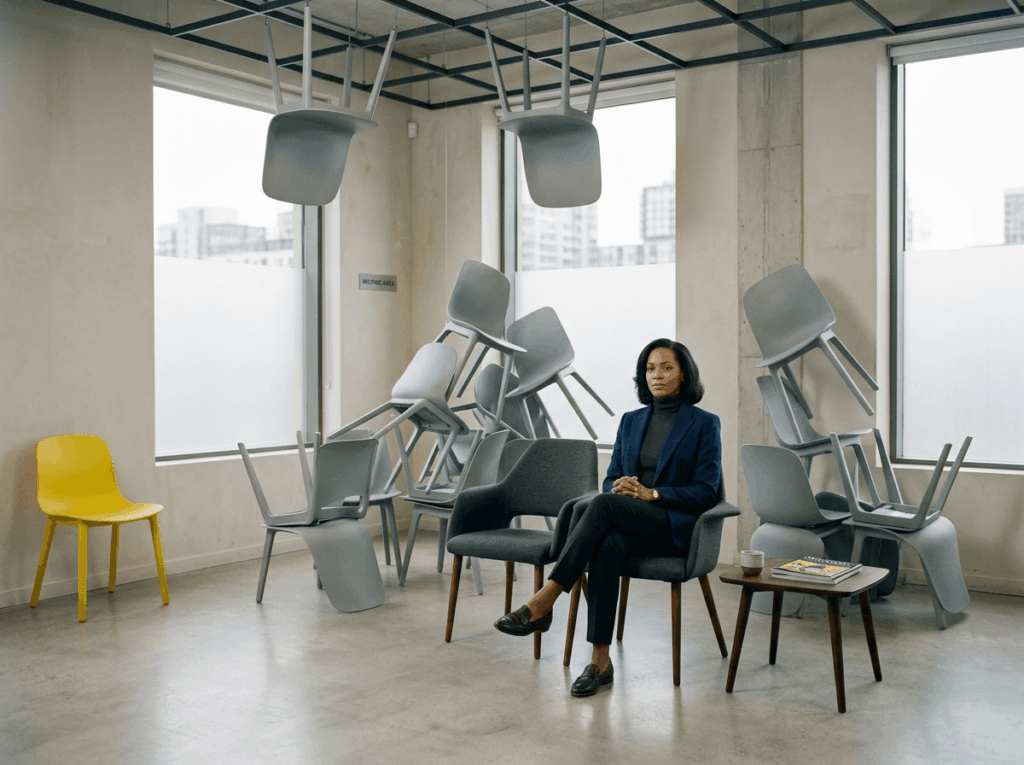 Salle d'attente aux chaises dans des directions impossibles - agence de recrutement